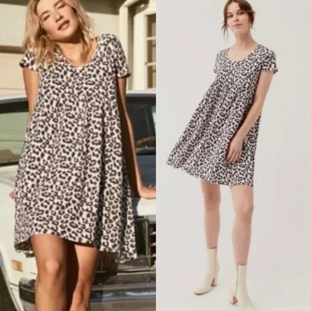 Pact Organic Leopard Print Babydoll Mini Dress Womens Size Medium Y2K Pink‎ Boho